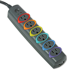 SmartSockets Color-Coded Strip Surge Protector, 6 AC Outlets, 7 ft Cord, 945 J, Black