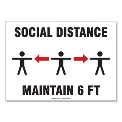 Social Distance Signs, Wall, 10 x 7, "Social Distance Maintain 6 ft", 3 Humans/Arrows, White, 10/Pack