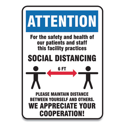 Social Distance Signs, Wall, 7 x 10, Patients and Staff Social Distancing, Humans/Arrows, Blue/White, 10/Pack