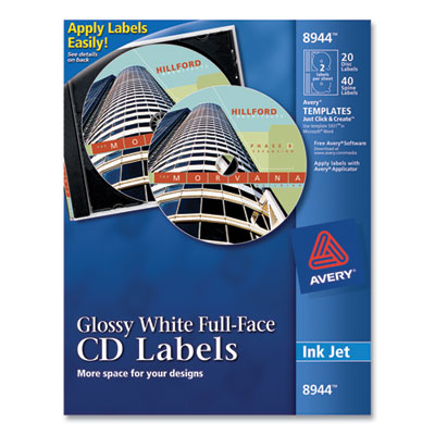 Inkjet Full-Face CD Labels, Glossy White, 20/Pack