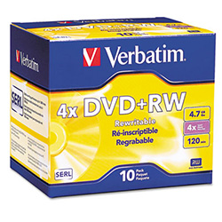 DVD+RW Rewritable Disc, 4.7 GB, 4x, Slim Jewel Case, Silver, 10/Pack