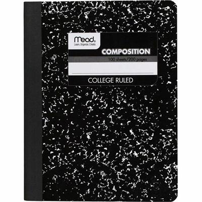 Mead Composition Book - Sewn - 7 1/2" x 9 3/4" Sheet Size - White Paper - Black Marble Cover - 1 Each
