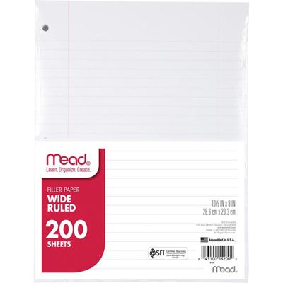 Mead 3-Hole Punched Wide-ruled Filler Paper - 200 Sheets - Ruled Red Margin - 8" x 10 1/2" Sheet Size - White Paper - 1 Pack