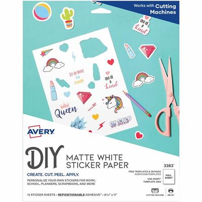 Avery&reg; Sticker Project Paper for Inkjet Printers for Inkjet Printers - Letter - 8 1/2" x 11" - Matte - Repositionable, Acid-free, Lignin-free, Printable, Easy Peel - Matte White - 15/Pack - 1 Carton