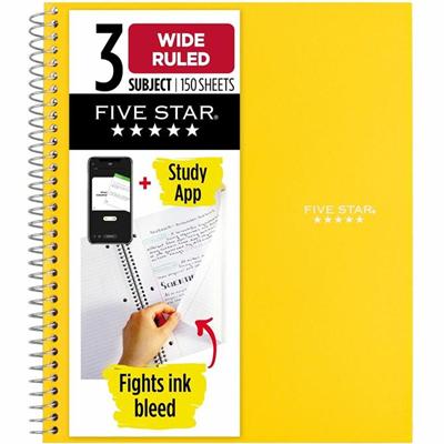 Five Star Three-subject Notebook - 150 Sheets - Wire Bound - 8" x 10 1/2" Sheet Size - Assorted Plastic Cover - Pocket Divider, Subject, Perforated - 1 Each