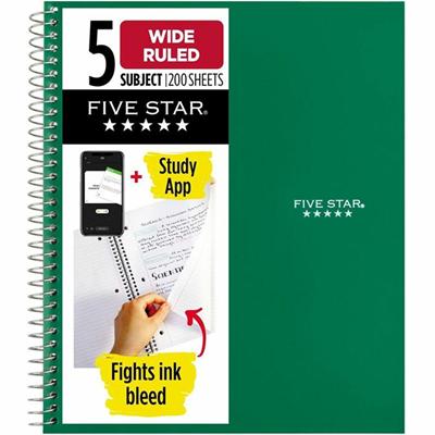 Five Star Five-subject Notebook - 200 Sheets - Wire Bound - 8" x 10 1/2" Sheet Size - Assorted Plastic Cover - Pocket Divider, Subject, Perforated - 1 Each