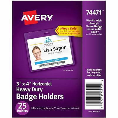 Avery&reg; Heavy-Duty Badge Holders - Support 3" x 4" Media - Landscape - Polyvinyl Chloride (PVC) - Clear - Reusable, Durable, Top Loading, Secure, Clip-on, Heavy Duty - 25 / Pack