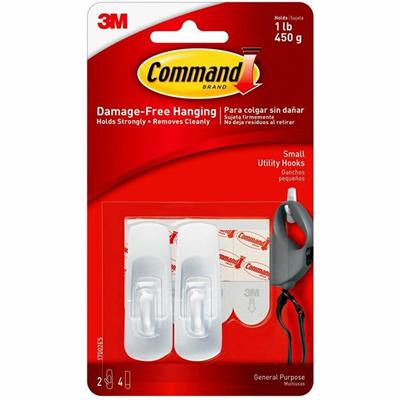 Command Utility Hooks - 2 Small Hook - 1 lb (453.6 g) Capacity - Plastic - White - 6 / Bag