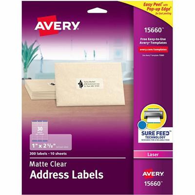 Avery&reg; Matte Address Labels - Sure Feed Technology - 1" Width x 2 5/8" Length - Permanent Adhesive - Rectangle - Laser - Matte - Clear - Film - Permanent Adhesive, Peel & Stick, Pop Up Edge, Peeling Resistant, Curl Resistant, Easy Peel, Jam Resis