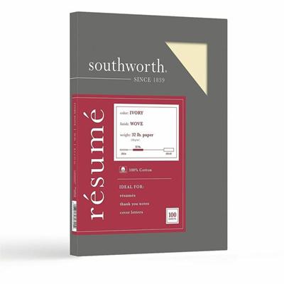 Southworth 100% Cotton Resume Paper - Letter - 8 1/2" x 11" - 32 lb Basis Weight - Wove - Acid-free, Watermarked - Ivory - 1 Box