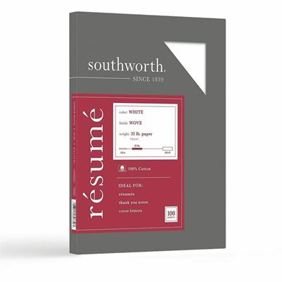 Southworth 100% Cotton Resume Paper - Letter - 8 1/2" x 11" - 32 lb Basis Weight - Wove - Acid-free, Watermarked - White - 100 / Box