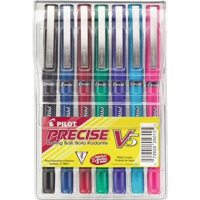 Pilot Precise V5 Extra-Fine Premium Capped Rolling Ball Pens in Pouch - 0.5 mm Extra Fine Pen Point - Assorted Ink - Black Plastic, Blue Plastic, Green Plastic, Pink Plastic, Purple Plastic, Red Plastic, Turquoise Plastic Barrel - 7 / Pack