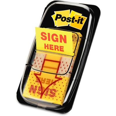 Post-it&reg; Message Flag Value Pack - 600 - 1" Flag/Note Width x 1 3/4" Flag/Note Length - Rectangle, Arrow - Unruled - SIGN HERE - Yellow - Removable - Dispenser Included - 50/Dispenser Box - 12 / Box