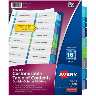 Avery Double Column Dividers, 16 Tabs, Ready Index (11320) - 16 x Divider(s) - 16 Tab(s) - Digit - 1-16 - 16 Tab(s)/Set - 8.5" Divider Width x 11" Divider Length - 3 Hole Punched - White Paper Divider - Multicolor Paper Tab(s) - Hole-punched, Printab
