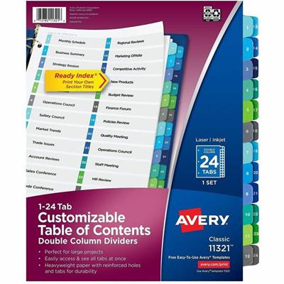 Avery Double Column 24 Tab Dividers, Customizable TOC, 1 Set (11321) - 24 x Divider(s) - 24 Tab(s) - Digit - 1-24 - 24 Tab(s)/Set - 8.5" Divider Width x 11" Divider Length - 3 Hole Punched - White Paper Divider - Multicolor Paper Tab(s) - 20% - Hole-
