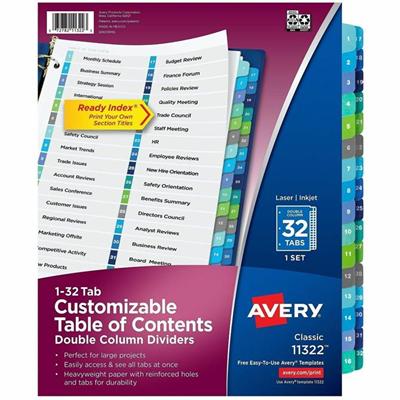 Avery Avery(R) Double Column Dividers, 32 Tabs, Ready Index (11322) - 32 x Divider(s) - 32 Tab(s) - Digit - 1-32 - 32 Tab(s)/Set - 8.5" Divider Width x 11" Divider Length - 3 Hole Punched - White Paper Divider - Multicolor Paper Tab(s) - Hole-punched