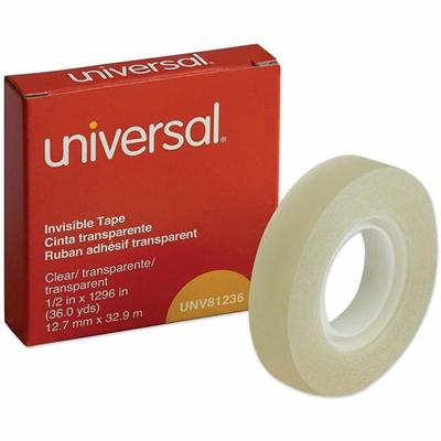 Universal Invisible Tape, 1" Core, 0.5" x 36 yds, Clear - 36 yd Length x 0.50" Width x 2 mil Thickness - 1" Core - Matte - Clear - Acrylic - Plastic Backing - 1 Roll