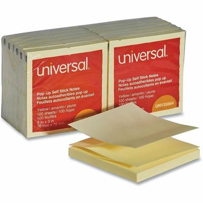Universal Note Pad - 100 x Yellow - 3" Flag/Note Width x 3" Flag/Note Length - Square - 100 Sheets per Pad - Yellow - Self-stick, Residue-free, Fanfold, Pop-up, Repositionable, Adhesive - 12 / Pack