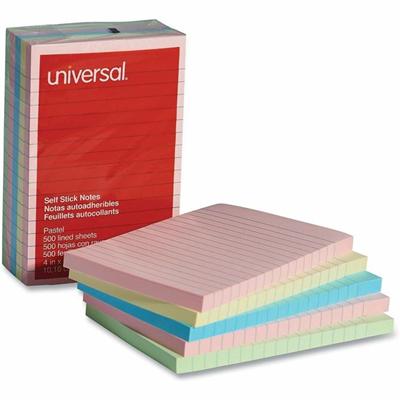 Universal Note Pad - 100 x Assorted Pastel - 4" Flag/Note Width x 6" Flag/Note Length - Rectangle - 100 Sheets per Pad - Ruled - Assorted Pastel - Self-stick, Residue-free - 5 / Pack
