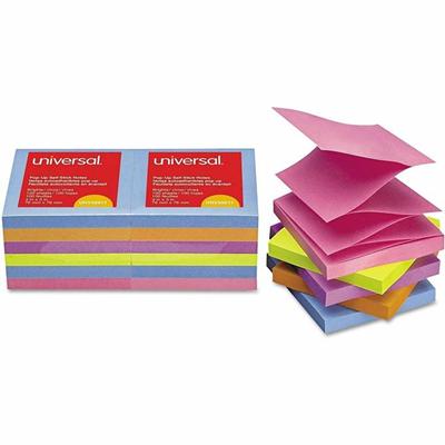Universal Note Pad - 100 x Bright Assorted - 3" Flag/Note Width x 3" Flag/Note Length - Square - 100 Sheets per Pad - Assorted Bright - Self-stick, Residue-free, Fanfold, Pop-up, Repositionable, Adhesive - 12 / Pack