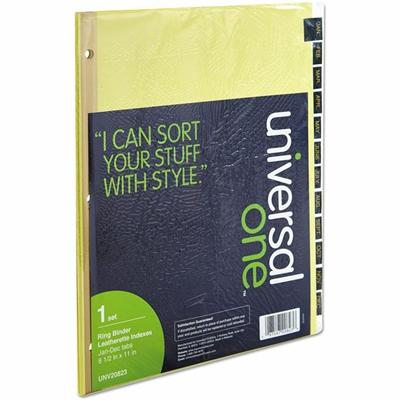 Universal Index Divider - 1 x Divider(s) - 12 Printed Side Tab(s) - Month - Jan-Dec - 8.5" Divider Width x 11" Divider Length - Letter - 3 Hole Punched - Buff Paper Divider - Black Simulated Leather Tab(s) - 20% Recycled - Mylar Reinforced Edge - 1 S