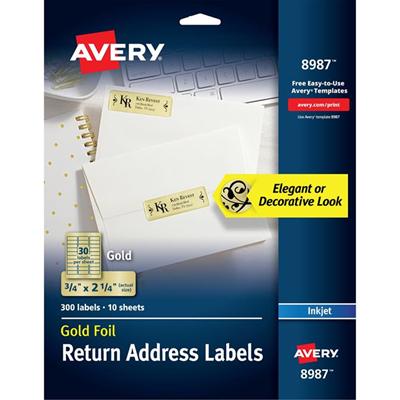 Avery&reg; Foil Mailing Labels - 3/4" Height x 2 1/4" Width - Permanent Adhesive - Rectangle - Inkjet - Gold - Paper, Foil - 30 / Sheet - 10 Total Sheets - 1500 Total Label(s) - 300/Pack - 5 / Carton