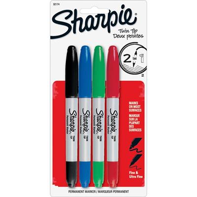 Sharpie Twin-Tip Markers - 1 mm Ultra Fine, 0.3 mm Fine Marker Point - Black, Red, Blue, Green Ink - Alcohol Based - 4 / Set