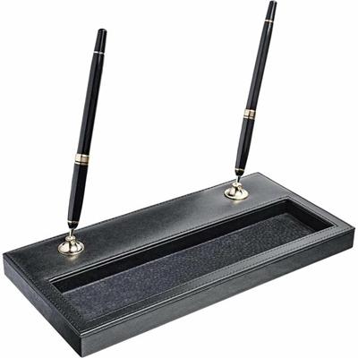 Dacasso Double Pen Stand with Gold Accent - 1" Height x 11.1" Width x 5.4" Length - Leather - Black - 1 Each