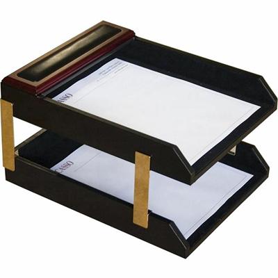 Dacasso Rosewood & Leather Double Letter Trays - 7.25" Height x 10.50" Width x 13.75" Depth - Desktop - Black - Wood, Leather - 1 Each