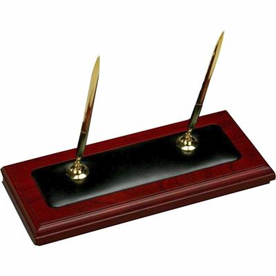Dacasso Double Pen Stand - 1" Height x 4.3" Width x 9.3" Length - Leather, Rosewood - 1 Each