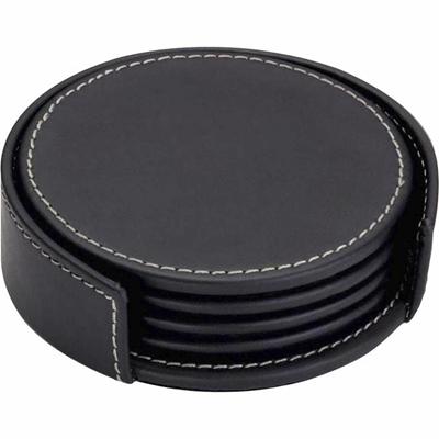 Dacasso Coaster Set with Holder - 4 Coaster - Circle - Black - Leather - 1Each