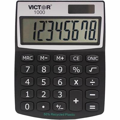 Victor 1000 Mini Desktop Calculator - Large LCD, Battery Backup, Independent Memory, Plastic Key, Dual Power - 0.71" - 8 Digits - LCD - Battery/Solar Powered - 0.5" Height x 3.3" Width x 4.3" Depth - Black - Plastic - 1 Each