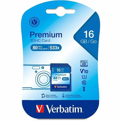Verbatim Premium 16 GB Class 10/UHS-I (U1) SDHC - 1 Each - 20 MB/s Read - 9 MB/s Write - Lifetime Warranty