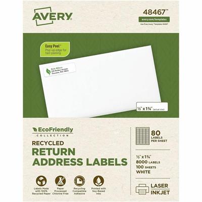 Avery&reg; EcoFriendly Address Label - 1/2" Width x 1 3/4" Length - Permanent Adhesive - Rectangle - Inkjet, Laser - Matte White - Matte - Paper - Recyclable, PVC-free, Permanent Adhesive, Customizable, Chlorine-free, Water Based, Easy Peel - 80 / Sh