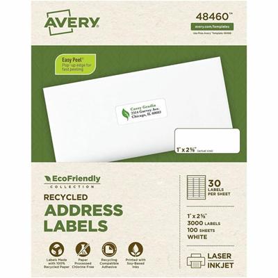 Avery&reg; Eco-Friendly Address Labels for Laser and Inkjet Printers, 1" x 2?" - 1" Width x 2 5/8" Length - Permanent Adhesive - Rectangle - Inkjet, Laser - Matte White - Matte - Paper - Recyclable, PVC-free, Permanent Adhesive, Customizable, Chlorin