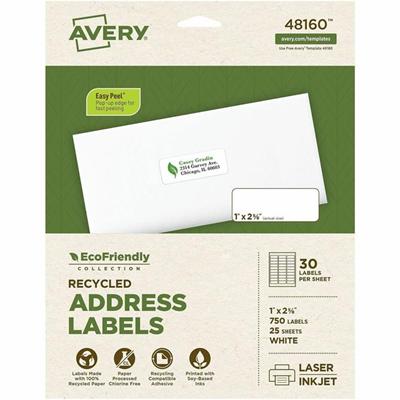 Avery&reg; Eco-Friendly Address Labels for Laser and Inkjet Printers, 1" x 2?" - 1" Width x 2 5/8" Length - Permanent Adhesive - Rectangle - Inkjet, Laser - Matte White - Matte - Paper - Recyclable, PVC-free, Permanent Adhesive, Customizable, Chlorin