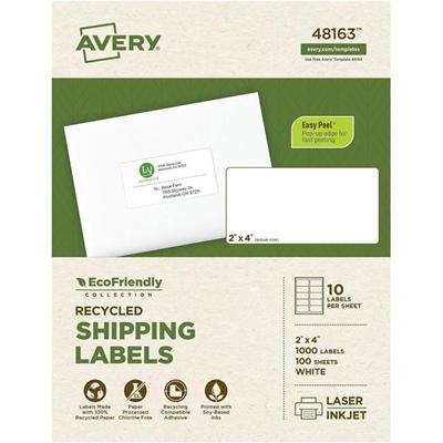 Avery&reg; Eco-Friendly Shipping Labels for Laser and Inkjet Printers, 2" x 4" - 2" Width x 4" Length - Permanent Adhesive - Rectangle - Inkjet, Laser - Matte White - Matte - Paper - Recyclable, PVC-free, Permanent Adhesive, Customizable, Chlorine-fr