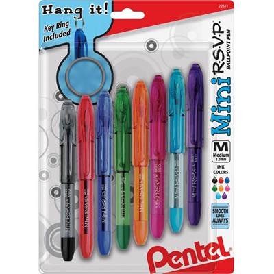 Pentel Mini R.S.V.P. Ballpoint Pens - Medium Pen Point - Assorted Ink - 8 / Pack