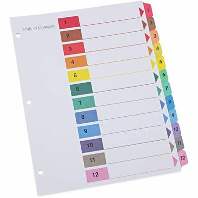 Universal Index Divider - 12 Printed Side Tab(s) - Digit - 1-12, Table of Contents - 8.5" Divider Width x 11" Divider Length - Letter - 3 Hole Punched - White Paper Divider - Assorted Paper Tab(s) - 30% Recycled - Double-sided, Mylar Reinforced Edge,