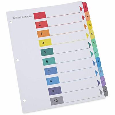 Universal Index Divider - 10 Printed Side Tab(s) - Digit - 1-10, Table of Contents - 8.5" Divider Width x 11" Divider Length - Letter - 3 Hole Punched - White Paper Divider - Assorted Paper Tab(s) - 30% Recycled - Double-sided, Mylar Reinforced Edge,