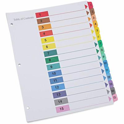 Universal Index Divider - 15 Printed Side Tab(s) - Digit - 1-15, Table of Contents - 8.5" Divider Width x 11" Divider Length - Letter - 3 Hole Punched - White Paper Divider - Assorted Paper Tab(s) - 30% Recycled - Double-sided, Mylar Reinforced Edge,