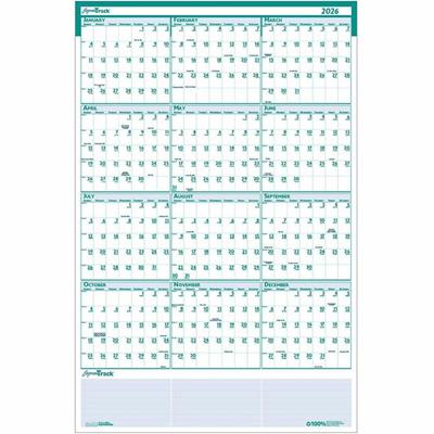 House of Doolittle Express Track Yearly Laminated Planner - Julian Dates - Yearly - 12 Month - January 2026 to December 2026 - 24" x 37" Sheet Size - 1.25" x 1.38" Block - Blue, Green - Paper - Laminated, Erasable - 1 Each