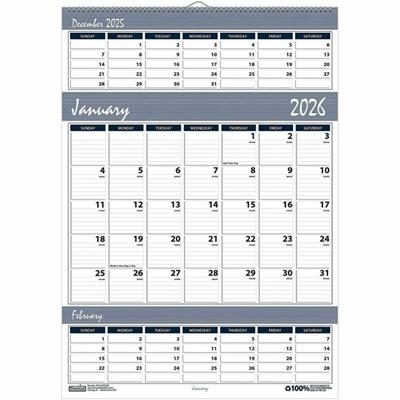 House of Doolittle Bar Harbor Triple Month Wall Calendars - Julian Dates - Monthly - 14 Month - December 2025 to January 2027 - 3 Month Single Page Layout - 12" x 17" Sheet Size - 1.50" x 1.38" Block - Wire Bound - Blue, Gray - Paper - Eyelet - 1 Eac