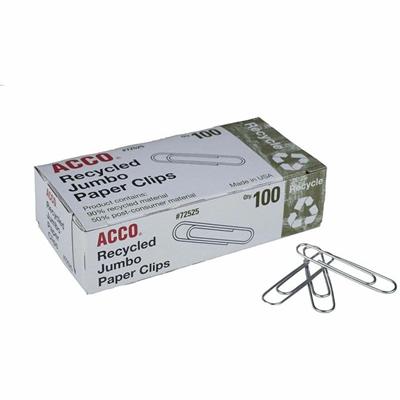 ACCO Recycled Paper Clips - Jumbo - 1.6" Length - 20 Sheet Capacity - Reusable, Durable - Silver - Metal - 100 / Box