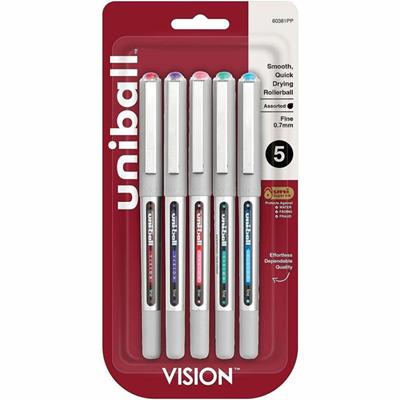 uniball™ Vision Rollerball Pens - 0.7 mm Fine Pen Point - Red, Brilliant Blue, Evergreen, Pink, Purple Ink - 5 / Pack