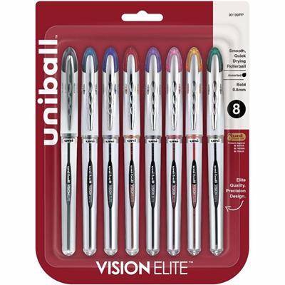 uniball™ Vision Elite Rollerball Pens - 0.8 mm Bold Pen Point - Refillable - Retractable - Assorted Ink - Gel-based - Tungsten Carbide Tip - 8 / Pack