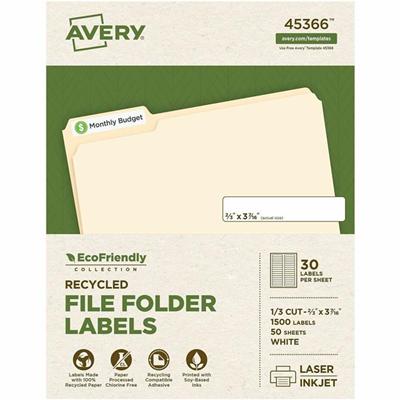 Avery&reg; EcoFriendly File Folder Label - 21/32" Width x 3 7/16" Length - Permanent Adhesive - Rectangle - Inkjet, Laser - Matte White - Matte - Paper - Recyclable, PVC-free, Permanent Adhesive, Chlorine-free, Curl Resistant, Peel & Stick, Customiza