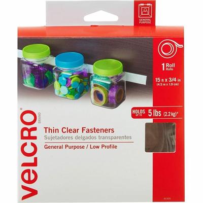 VELCRO&reg; Thin Clear Fasteners 15ft x 3/4in Roll Clear - 5 ft Length x 0.75" Width - Clear - Water Resistant - For Indoor, Outdoor, Card, Crafting, Scrapbooking, Project, Glass, Plastic, Classroom, Office, Home, ... Roll - 1 Roll