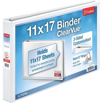 Cardinal&reg; ClearVue Overlay Tabloid D-Ring Binder - 1 1/2" Binder Capacity - Tabloid - 11" x 17" Sheet Size - 375 Sheet Capacity - 1 45/64" Spine Width - 3 Ring(s) - Fastener(s): D-Ring - Vinyl - White - 2.50 lb - Recycled - Clear Overlay, Non Loc
