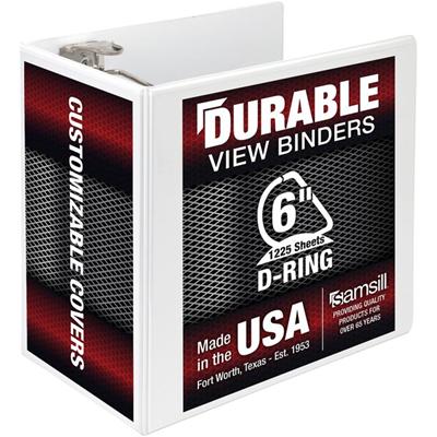 Samsill Durable View Binder - 6" Binder Capacity - Letter - 8 1/2" x 11" Sheet Size - 1225 Sheet Capacity - Fastener(s): D-Ring - Pocket(s): 2, Internal - Chipboard, Polypropylene - White - 2.73 lb - Recycled - Non-stick, Locking Ring, Heavy Duty, Cl